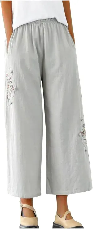 HGps8w Women's Cotton Linen Wide Leg Pants Plus Size Striped Drawstring Elastic High Waist Loose Lounge Trousers with Pockets