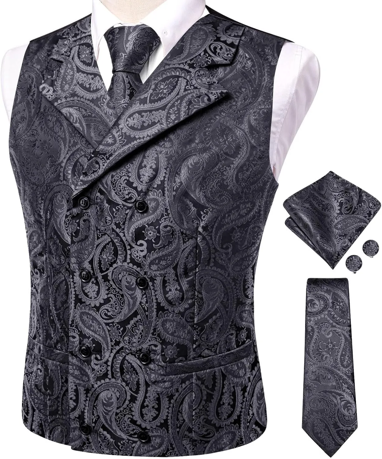 Hi-Tie Mens Silk Paisley Victorian Suit Vests Tie Set Lapel Pin Gold Tie Clip Double Breasted Steampunk Tuxedo Waistcoat