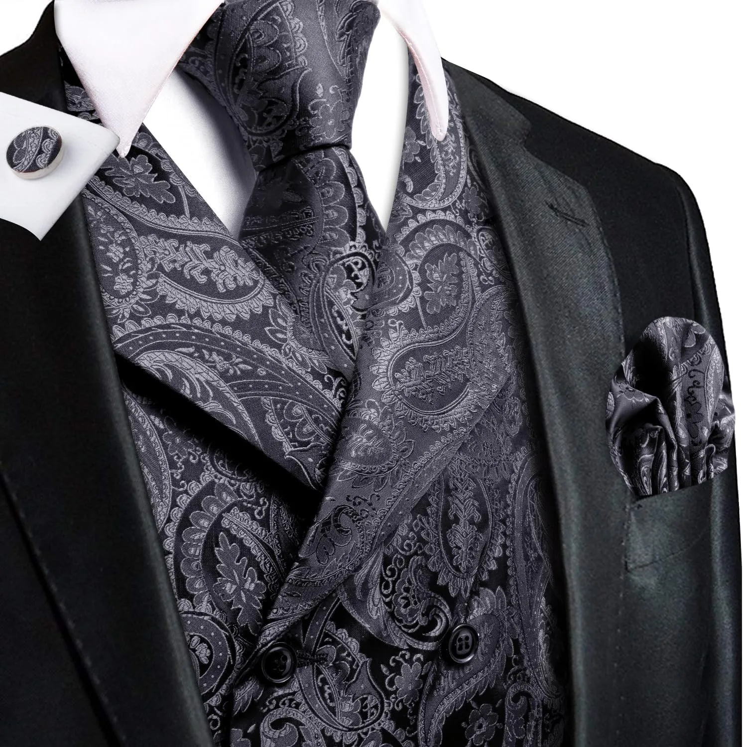 Hi-Tie Mens Silk Paisley Victorian Suit Vests Tie Set Lapel Pin Gold Tie Clip Double Breasted Steampunk Tuxedo Waistcoat