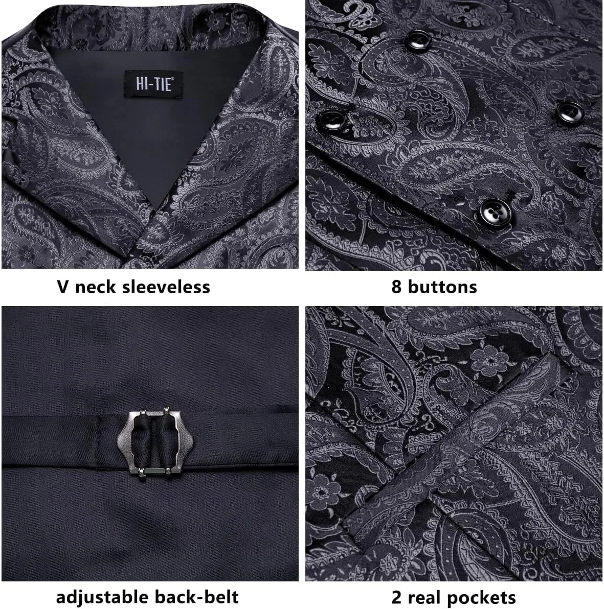 Hi-Tie Mens Silk Paisley Victorian Suit Vests Tie Set Lapel Pin Gold Tie Clip Double Breasted Steampunk Tuxedo Waistcoat