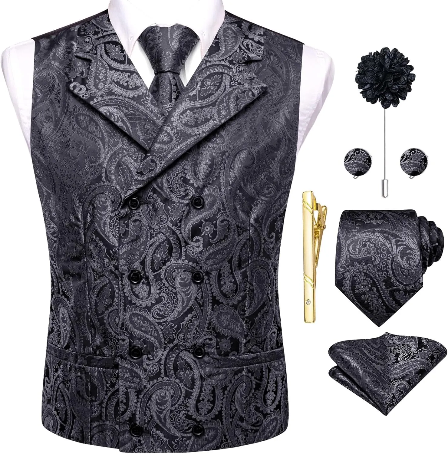 Hi-Tie Mens Silk Paisley Victorian Suit Vests Tie Set Lapel Pin Gold Tie Clip Double Breasted Steampunk Tuxedo Waistcoat
