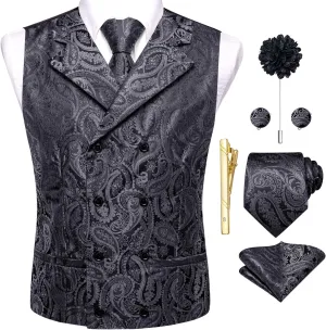 Hi-Tie Mens Silk Paisley Victorian Suit Vests Tie Set Lapel Pin Gold Tie Clip Double Breasted Steampunk Tuxedo Waistcoat