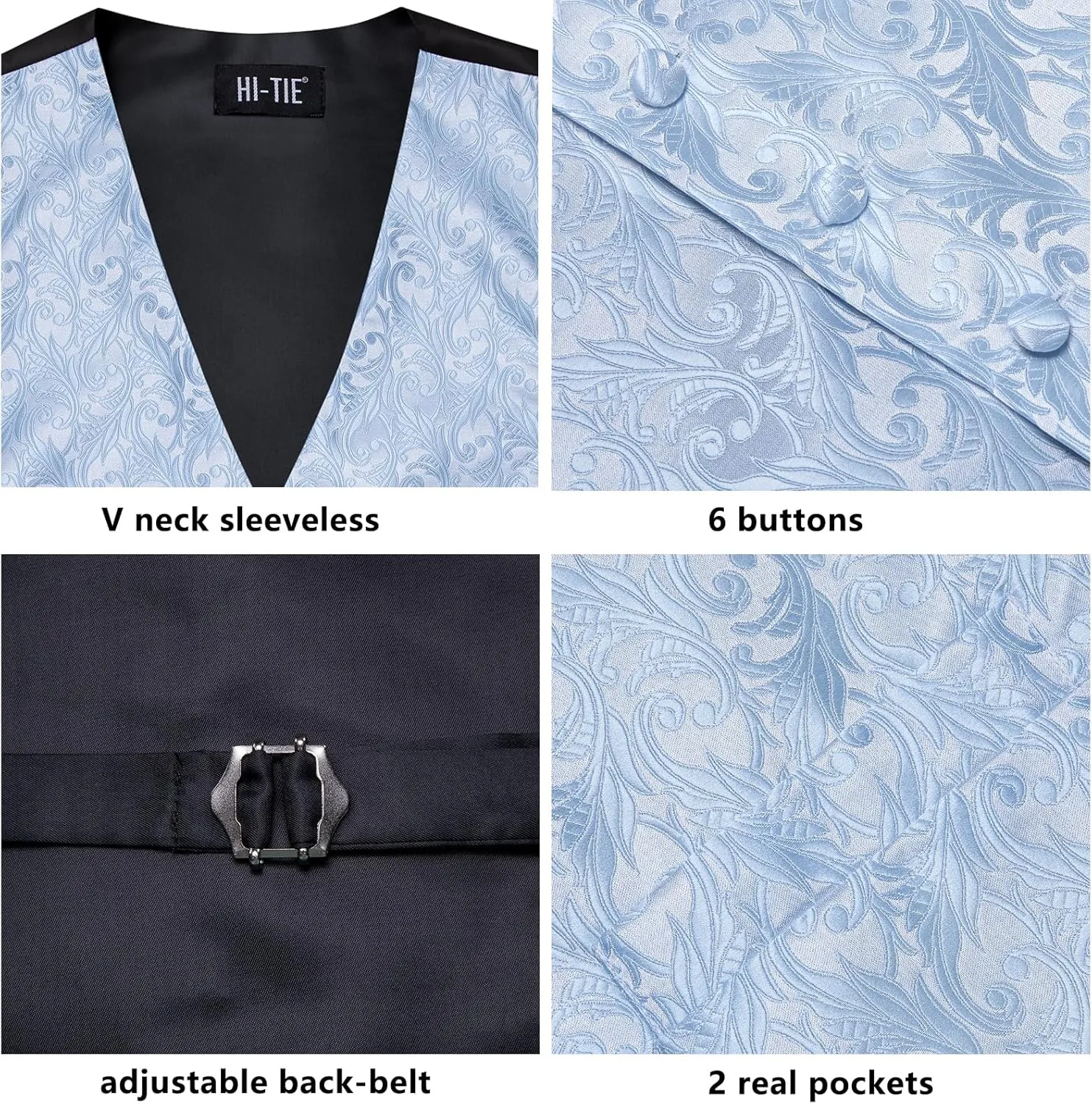 Hi-Tie Silk Mens Suit Vests and Tie Set Lapel Pin Gold Tie Clip Paisley Floral Casual Waistcoat Tuxedo Wedding Party Business
