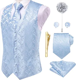 Hi-Tie Silk Mens Suit Vests and Tie Set Lapel Pin Gold Tie Clip Paisley Floral Casual Waistcoat Tuxedo Wedding Party Business