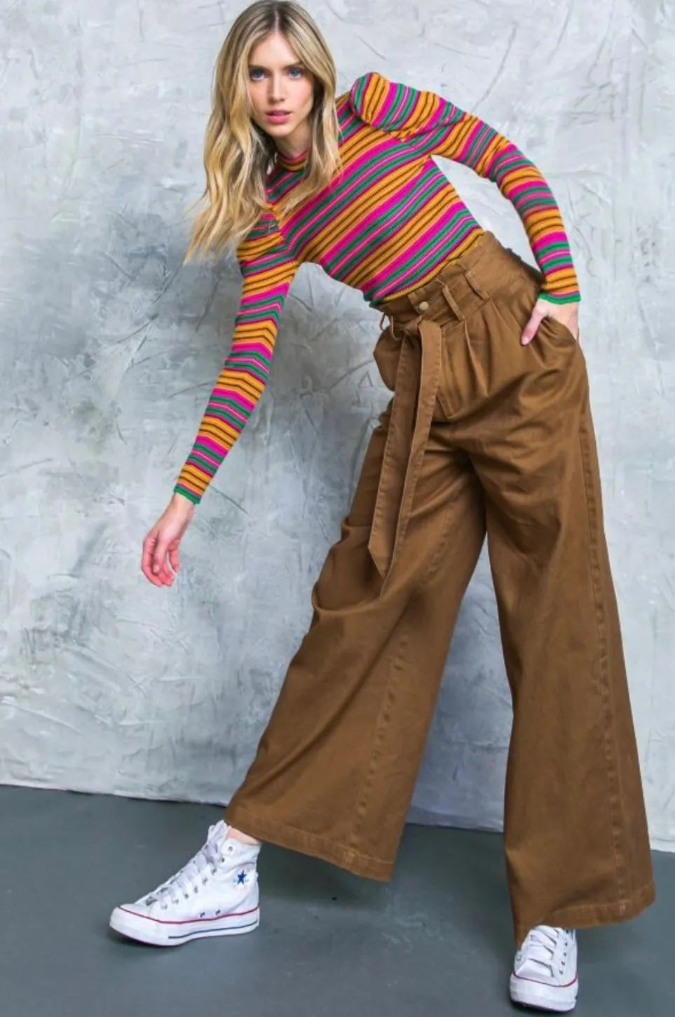 Hi-waisted Paperbag Wide Leg Denim-Brown