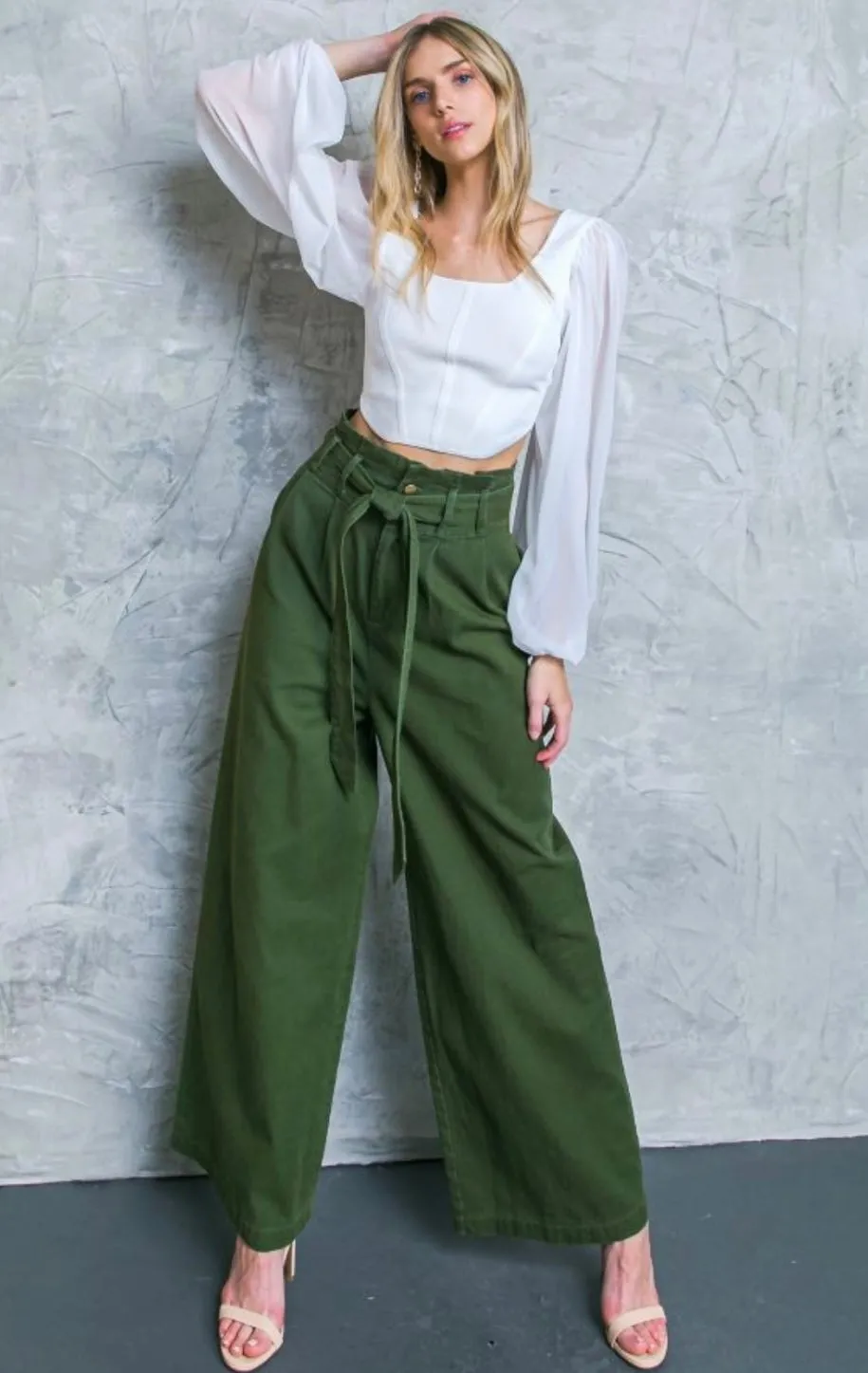 Hi-waisted Paperbag Wide Leg Denim-Brown