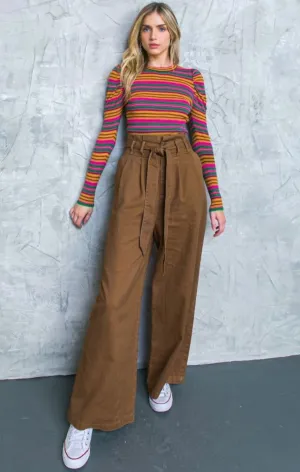 Hi-waisted Paperbag Wide Leg Denim-Brown