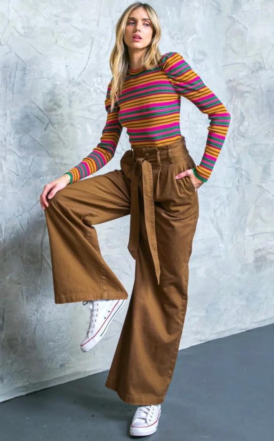 Hi-waisted Paperbag Wide Leg Denim-Brown