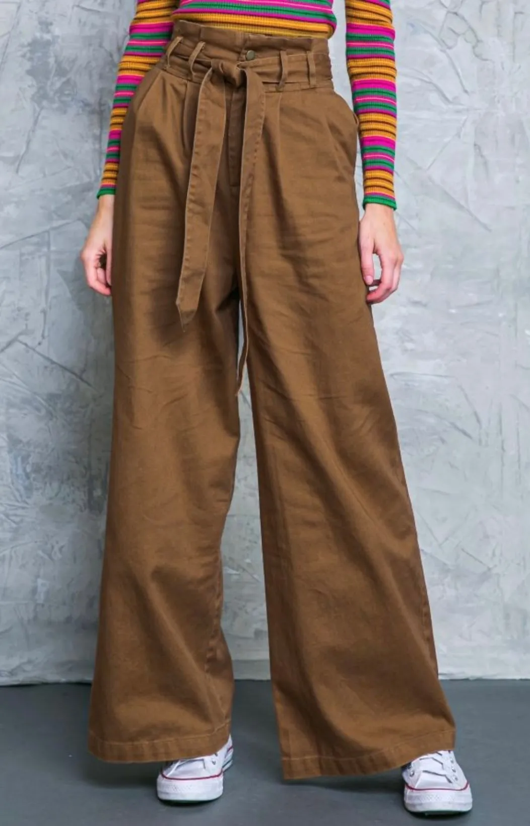 Hi-waisted Paperbag Wide Leg Denim-Brown