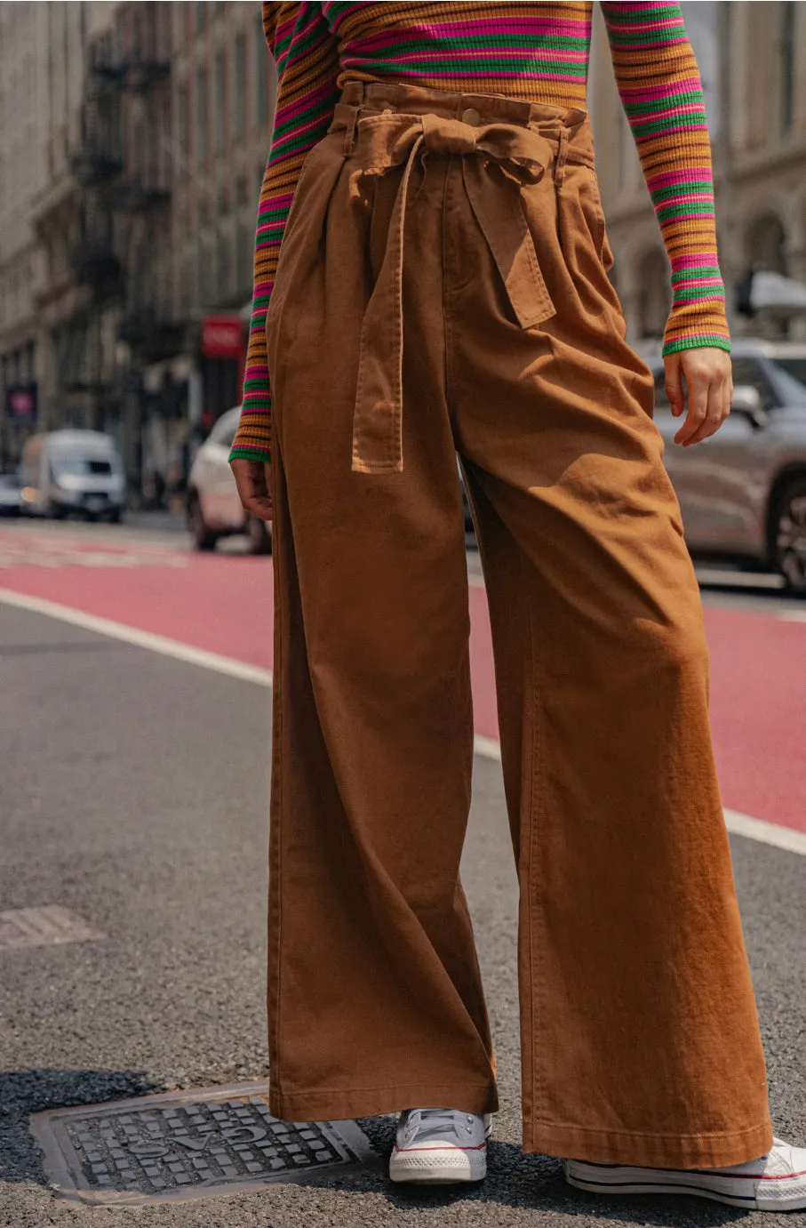 Hi-waisted Paperbag Wide Leg Denim-Brown