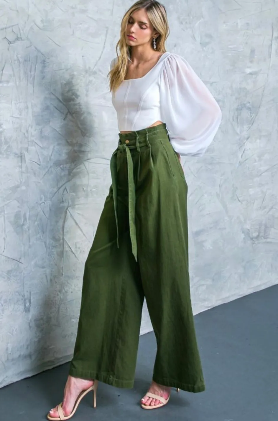 Hi-waisted Paperbag Wide Leg Denim-Brown