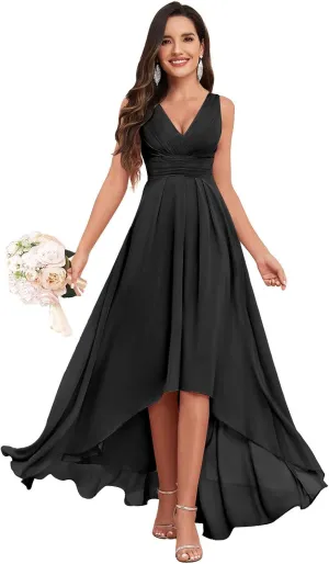 High Low Bridesmaid Dress V Neck Chiffon A Line Long Formal Dresses Evening Gowns with Pockets