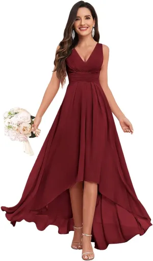 High Low Bridesmaid Dress V Neck Chiffon A Line Long Formal Dresses Evening Gowns with Pockets