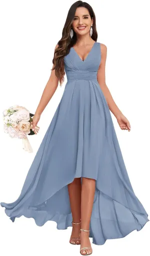 High Low Bridesmaid Dress V Neck Chiffon A Line Long Formal Dresses Evening Gowns with Pockets