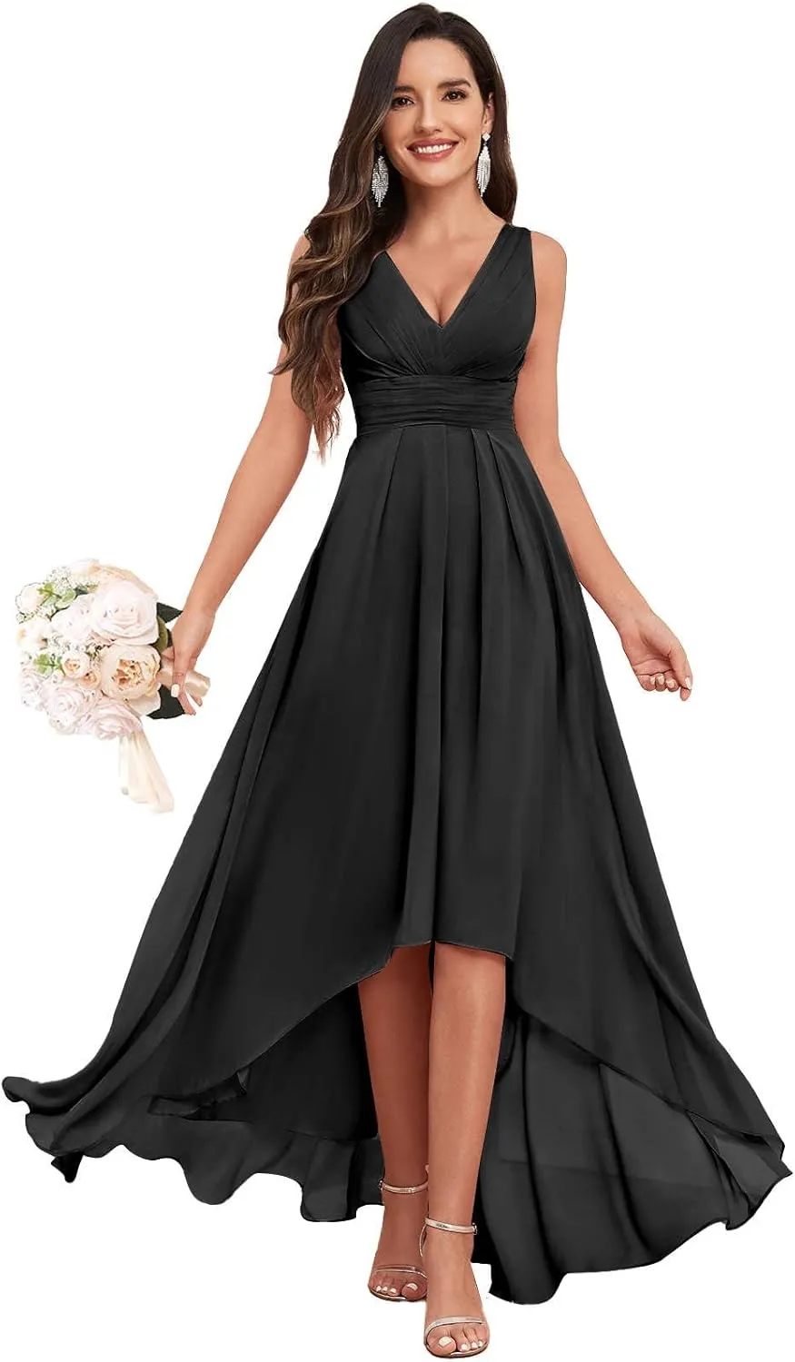 High Low Bridesmaid Dress V Neck Chiffon A Line Long Formal Dresses Evening Gowns with Pockets