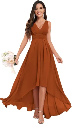 High Low Bridesmaid Dress V Neck Chiffon A Line Long Formal Dresses Evening Gowns with Pockets