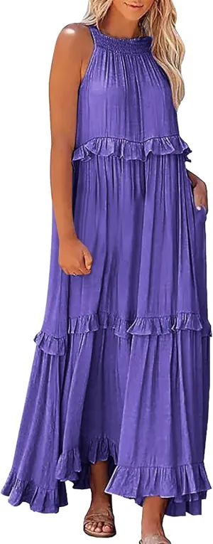High Neck Dresses For Women Spring Ruffle Tiered Layered Pleated Sundress Sleeveless Beach Boho 2025 Maxi Dress