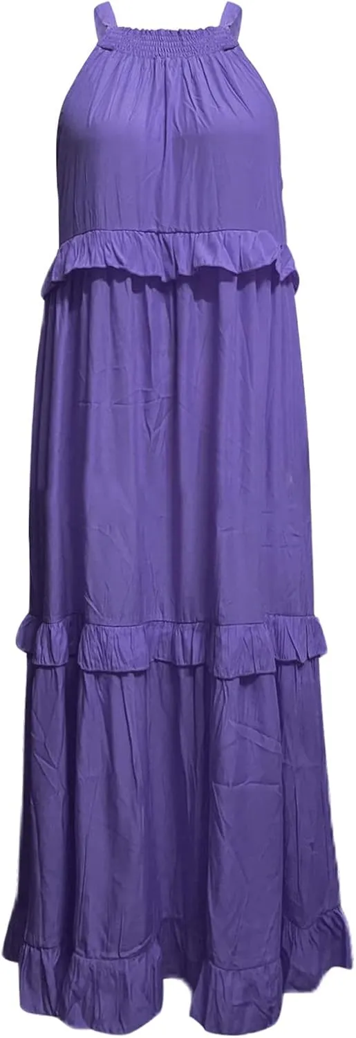 High Neck Dresses For Women Spring Ruffle Tiered Layered Pleated Sundress Sleeveless Beach Boho 2025 Maxi Dress