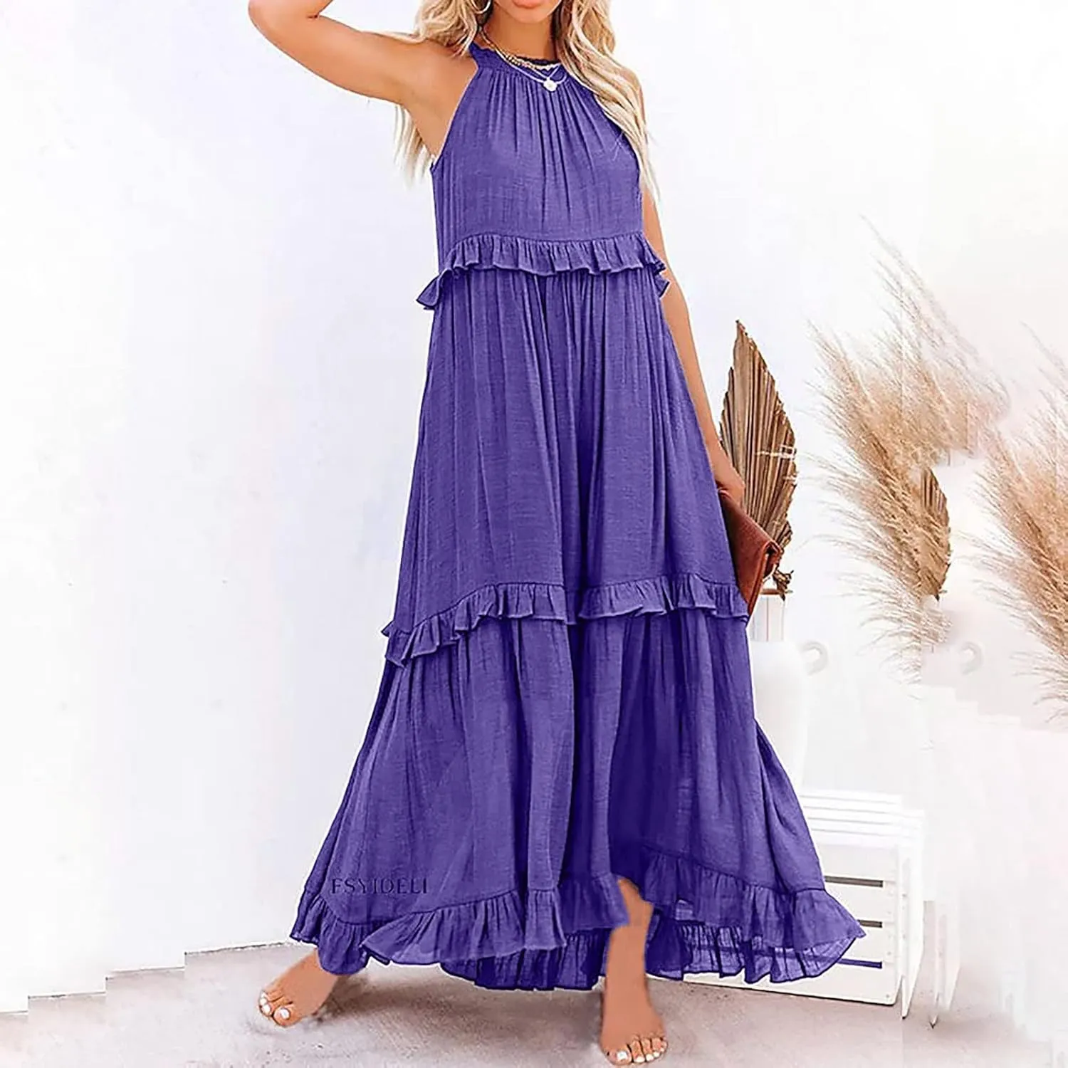 High Neck Dresses For Women Spring Ruffle Tiered Layered Pleated Sundress Sleeveless Beach Boho 2025 Maxi Dress