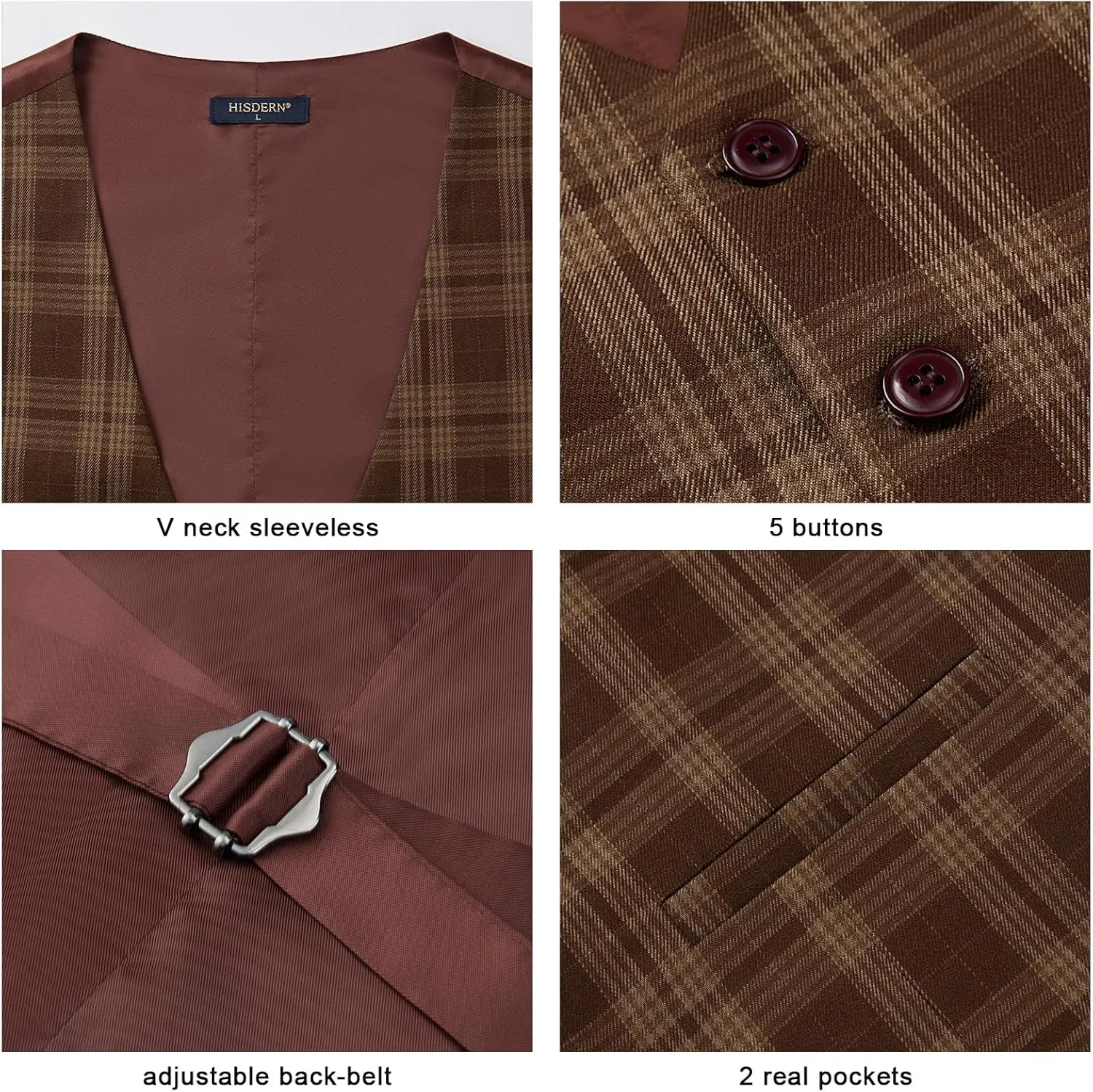 HISDERN Men's Suit Vest Business Plaid Formal Dress Waistcoat Slim Fit Vests for Men with 3 Pocket for Suit or Tuxedo