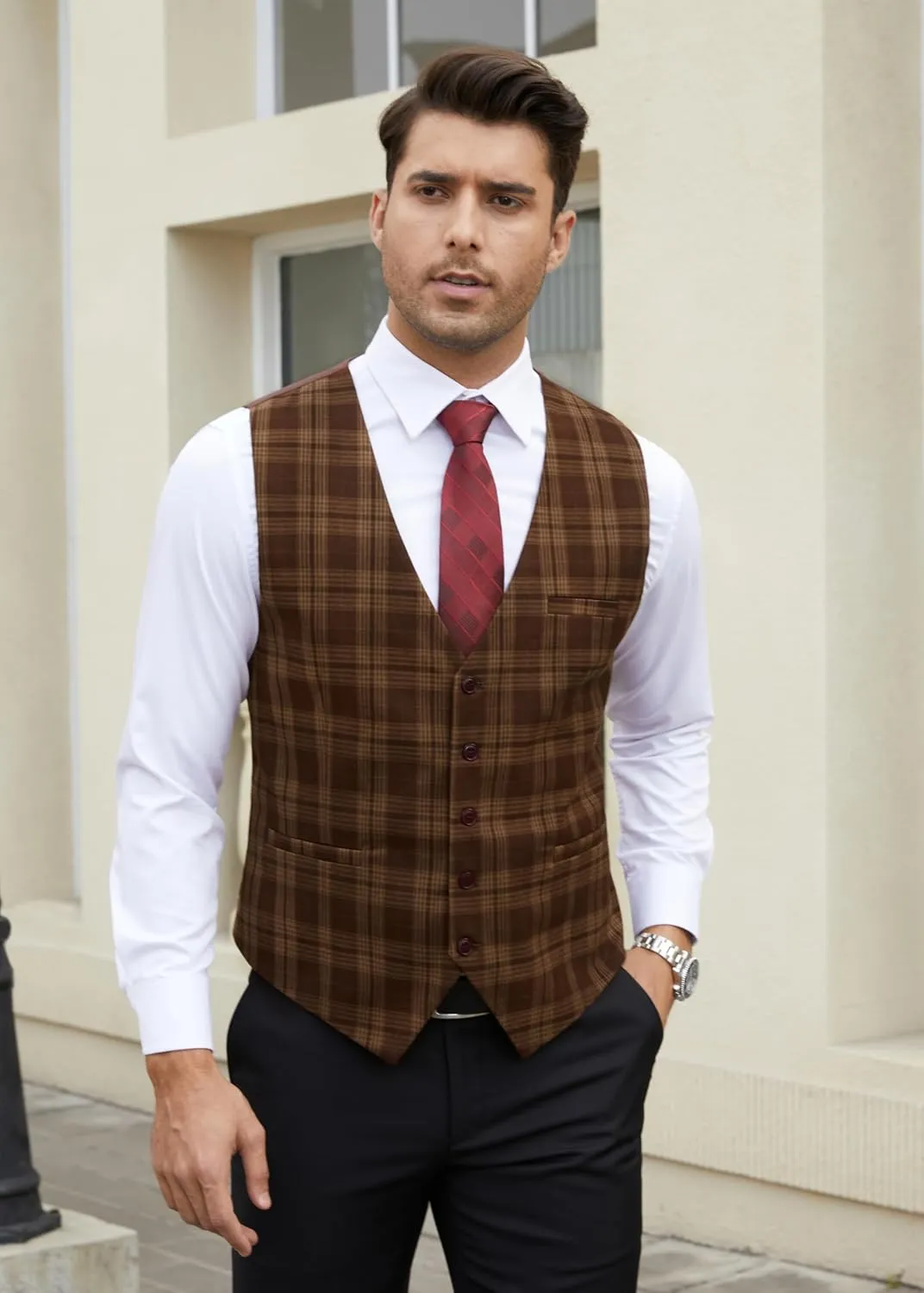 HISDERN Men's Suit Vest Business Plaid Formal Dress Waistcoat Slim Fit Vests for Men with 3 Pocket for Suit or Tuxedo