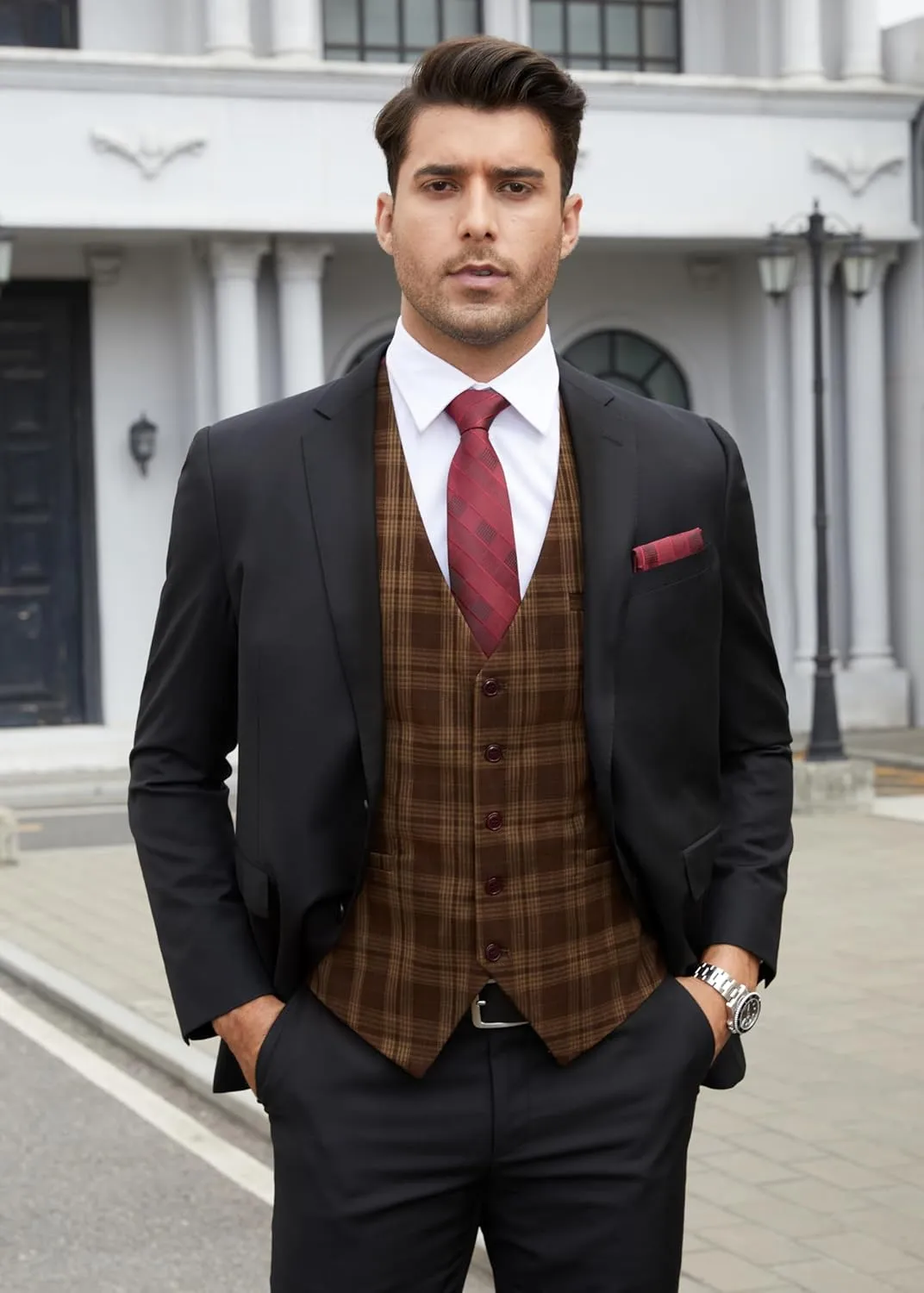 HISDERN Men's Suit Vest Business Plaid Formal Dress Waistcoat Slim Fit Vests for Men with 3 Pocket for Suit or Tuxedo