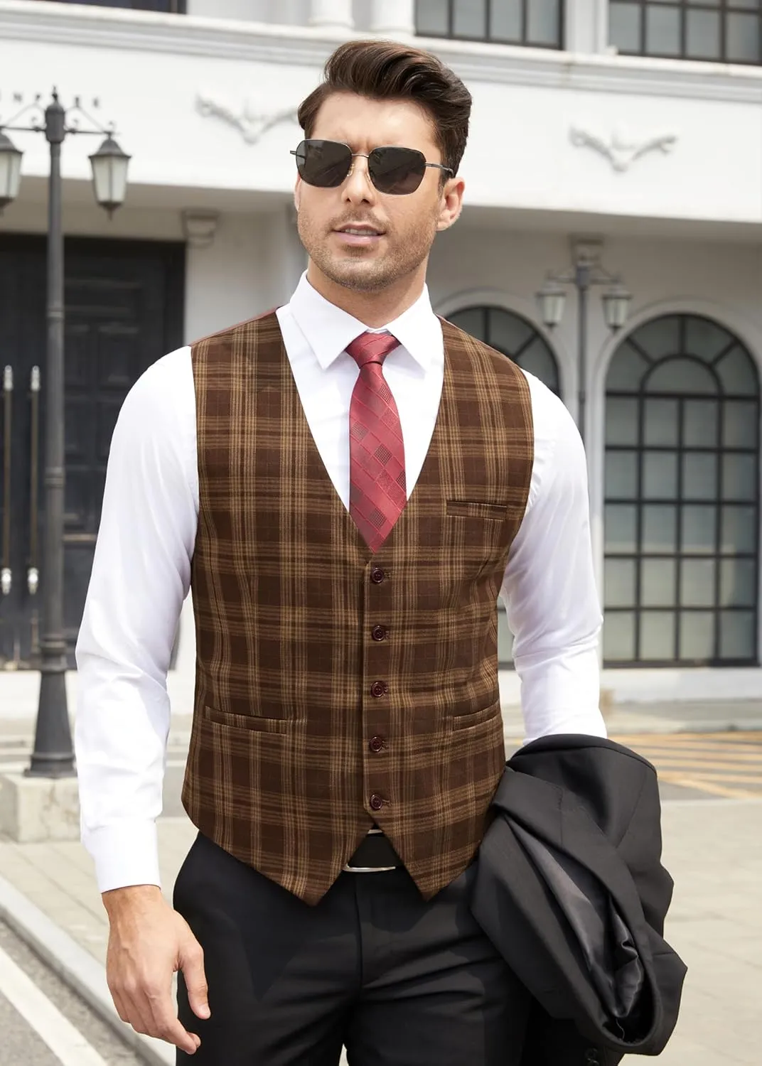 HISDERN Men's Suit Vest Business Plaid Formal Dress Waistcoat Slim Fit Vests for Men with 3 Pocket for Suit or Tuxedo
