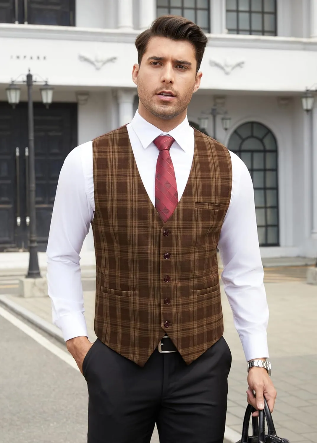HISDERN Men's Suit Vest Business Plaid Formal Dress Waistcoat Slim Fit Vests for Men with 3 Pocket for Suit or Tuxedo