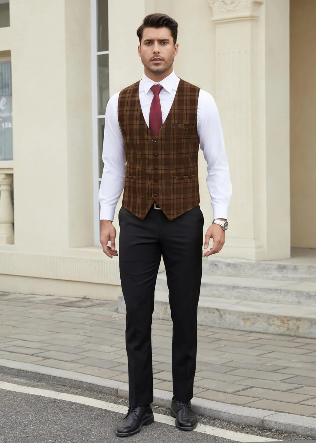 HISDERN Men's Suit Vest Business Plaid Formal Dress Waistcoat Slim Fit Vests for Men with 3 Pocket for Suit or Tuxedo