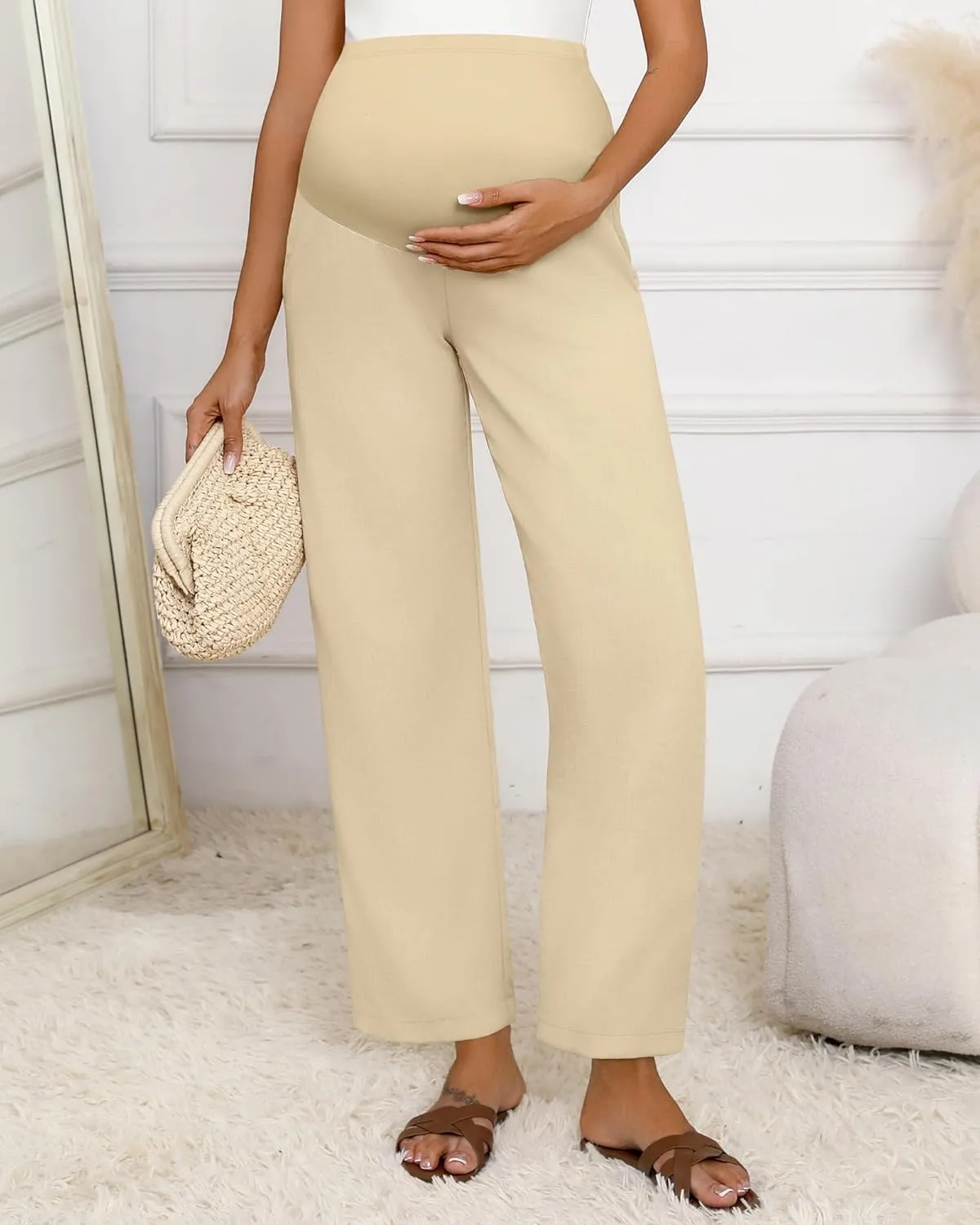 Huukeay Women's Cotton Linen Maternity Pants, High Waisted Lounge Pregnancy Pants Over The Belly Trousers with Pockets
