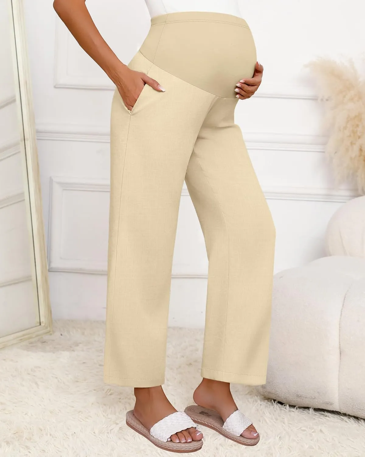 Huukeay Women's Cotton Linen Maternity Pants, High Waisted Lounge Pregnancy Pants Over The Belly Trousers with Pockets