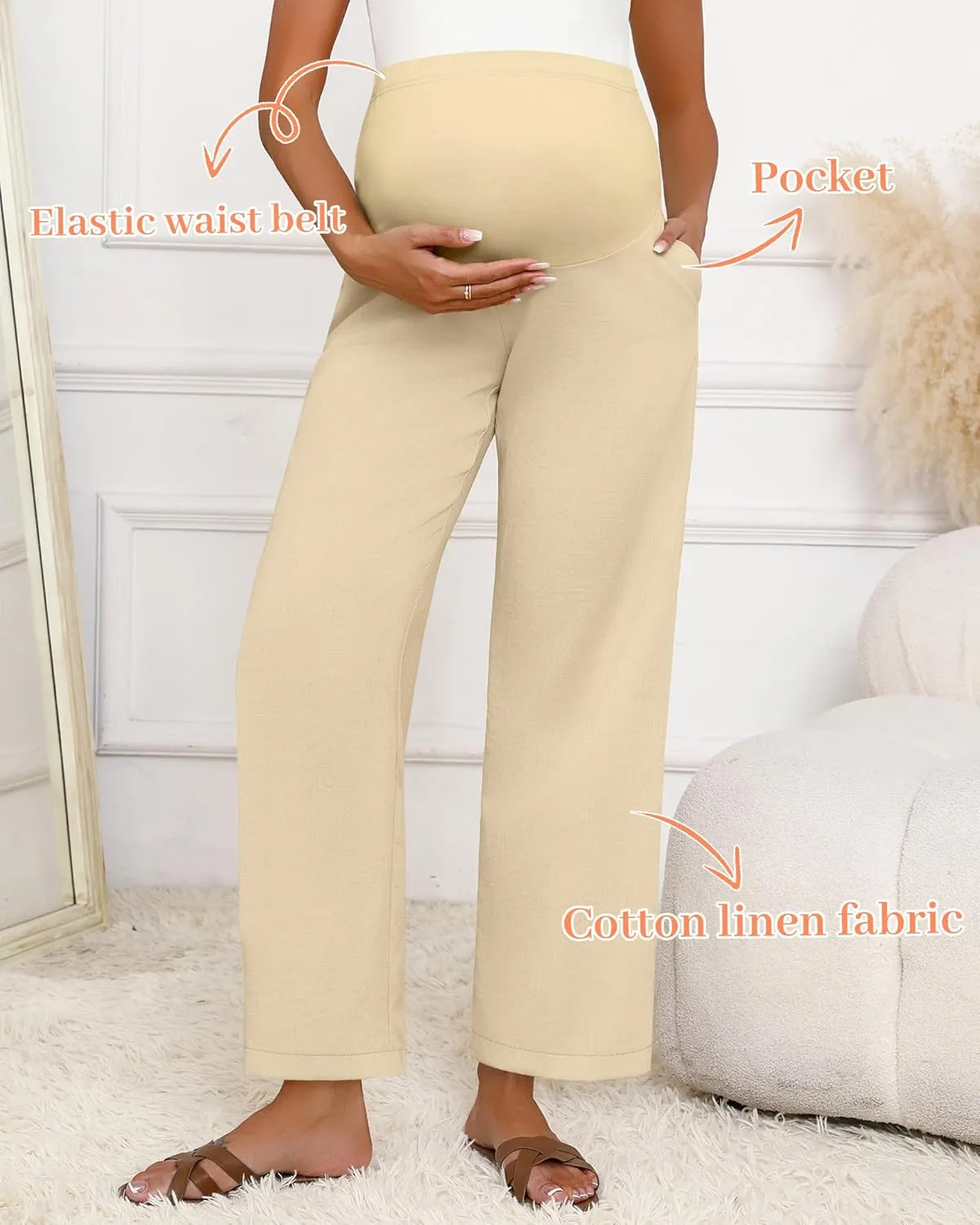 Huukeay Women's Cotton Linen Maternity Pants, High Waisted Lounge Pregnancy Pants Over The Belly Trousers with Pockets
