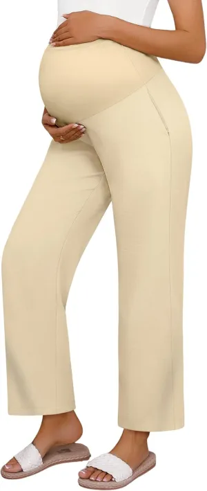 Huukeay Women's Cotton Linen Maternity Pants, High Waisted Lounge Pregnancy Pants Over The Belly Trousers with Pockets