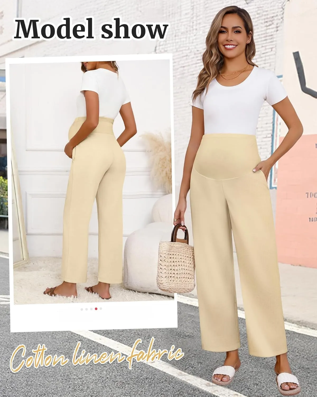 Huukeay Women's Cotton Linen Maternity Pants, High Waisted Lounge Pregnancy Pants Over The Belly Trousers with Pockets