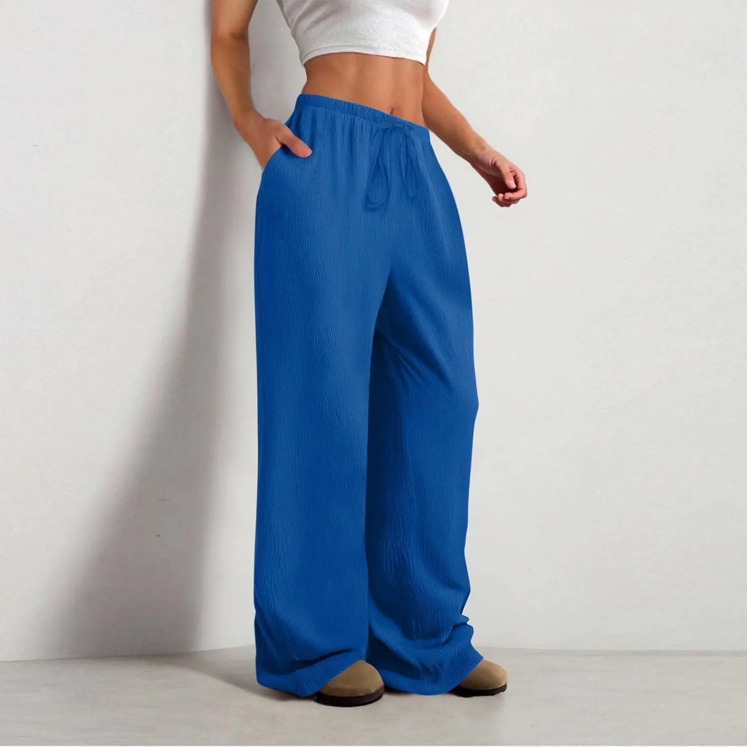 Hvyesh Casual Palazzo Pants for Women Baggy Wide Leg Summer Long Womens Trousers High Waisted Drawstring