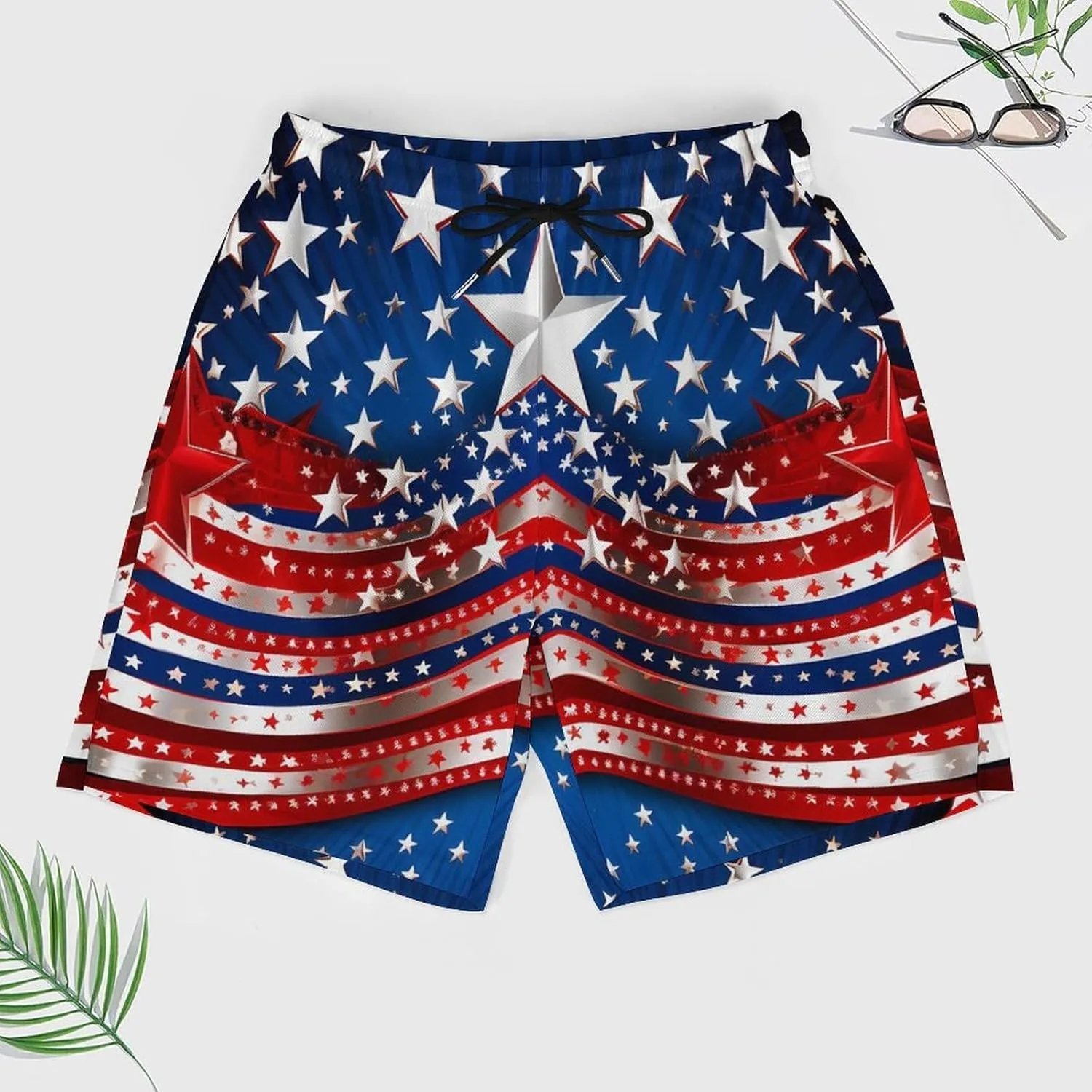 Independence Day U.S. Stars Men's Swim Trunks with Compression Liner Beach Swimming Shorts with Drawstring and Pockets