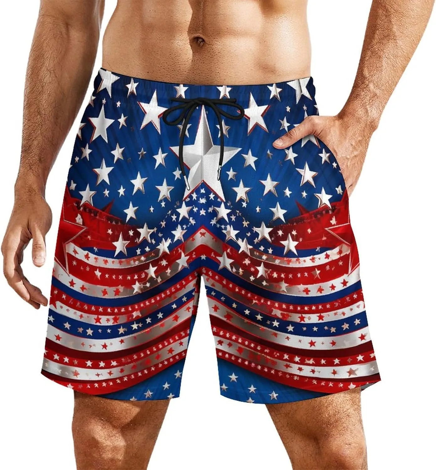 Independence Day U.S. Stars Men's Swim Trunks with Compression Liner Beach Swimming Shorts with Drawstring and Pockets