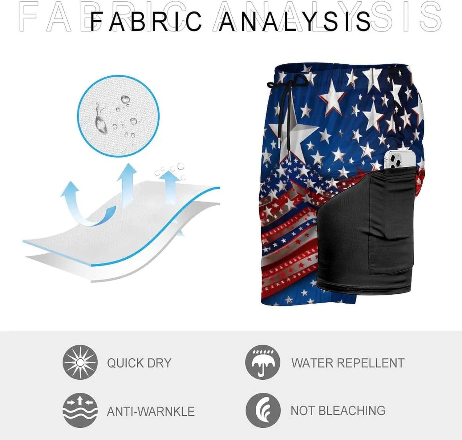 Independence Day U.S. Stars Men's Swim Trunks with Compression Liner Beach Swimming Shorts with Drawstring and Pockets