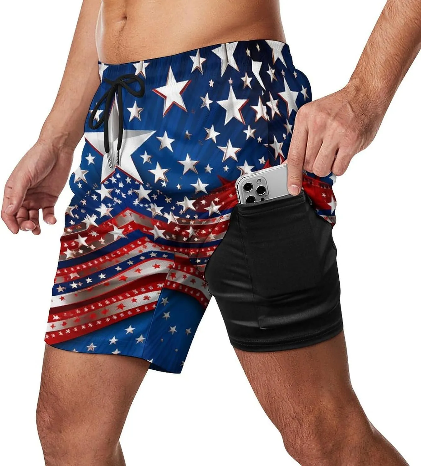Independence Day U.S. Stars Men's Swim Trunks with Compression Liner Beach Swimming Shorts with Drawstring and Pockets