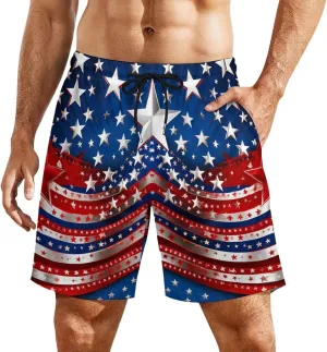 Independence Day U.S. Stars Men's Swim Trunks with Compression Liner Beach Swimming Shorts with Drawstring and Pockets