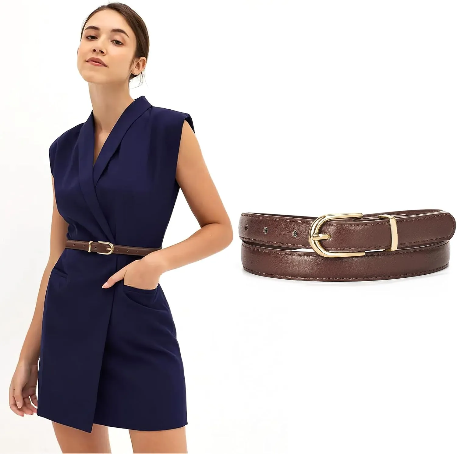 JASGOOD Womens Skinny Leather Belt Ladies Thin Faux Leather Belt with Gold/Silver Buckle for Jeans Dress Pants