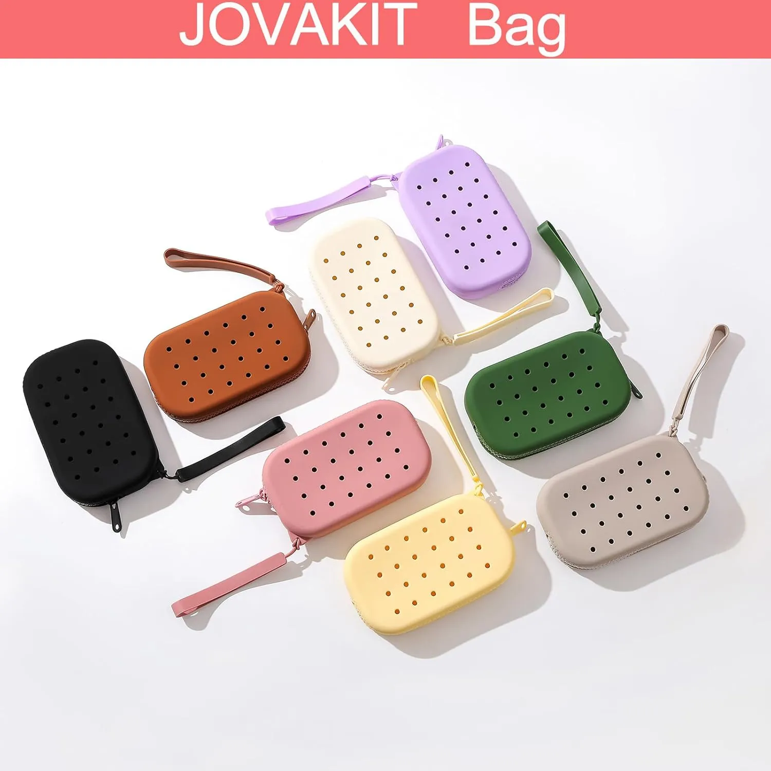 JOVAKIT Small Portable Silicone Makeup Bag for Women with Decorative Holes, Travel Waterproof Toiletry Cosmetic Bag Gifts for Women, Zipper Closure Makeup Case with Handle (Yellow)
