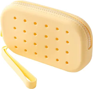 JOVAKIT Small Portable Silicone Makeup Bag for Women with Decorative Holes, Travel Waterproof Toiletry Cosmetic Bag Gifts for Women, Zipper Closure Makeup Case with Handle (Yellow)
