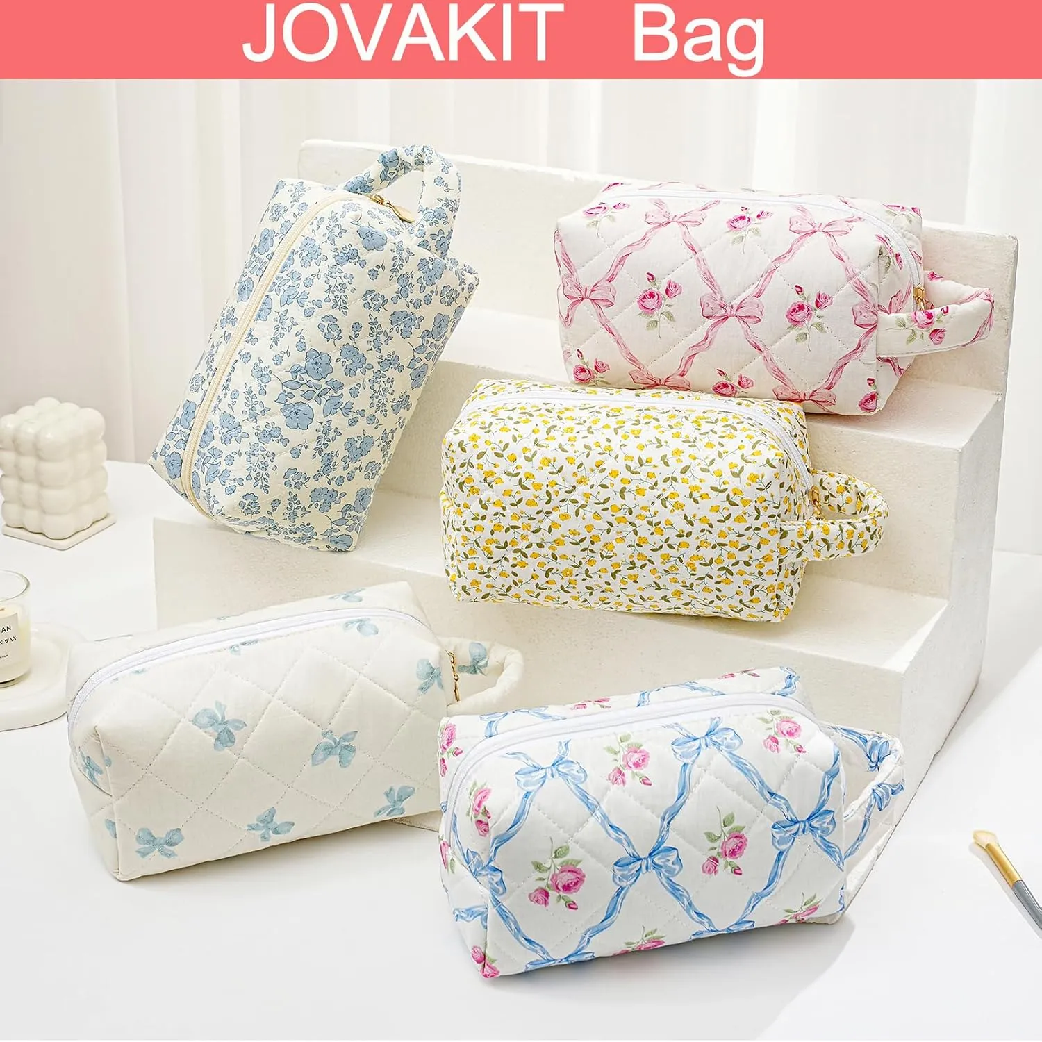 JOVAKIT Travel Makeup Bag Cosmetic Bag for Women, Christmas Gifts, Small Floral Flowers Coquette Toiletry Bag with Handle, Zipper Make Up Pouch Organizer Bag Trendy Stuff (Blue Floral)