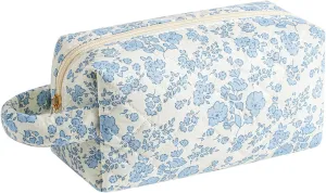 JOVAKIT Travel Makeup Bag Cosmetic Bag for Women, Christmas Gifts, Small Floral Flowers Coquette Toiletry Bag with Handle, Zipper Make Up Pouch Organizer Bag Trendy Stuff (Blue Floral)