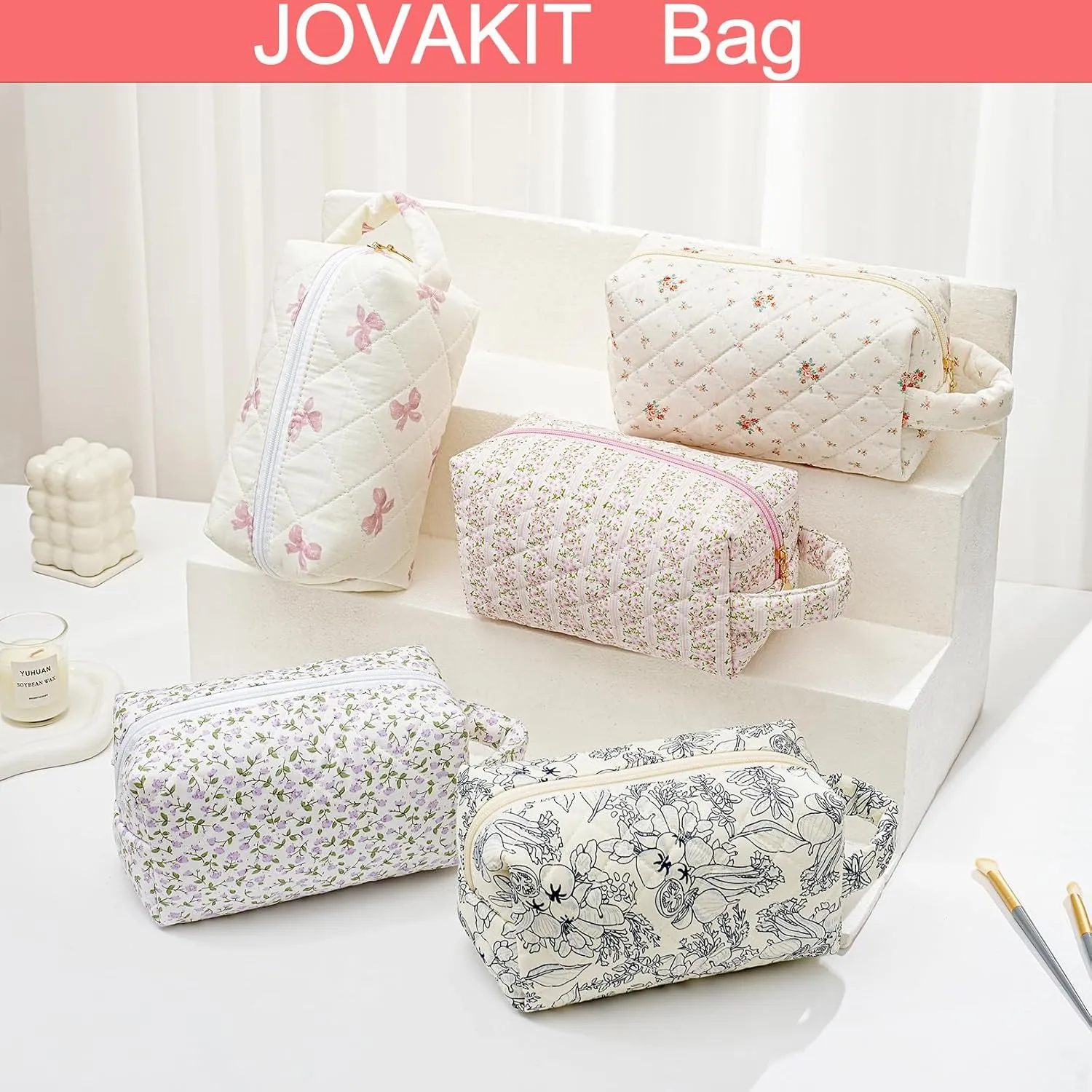 JOVAKIT Travel Makeup Bag Cosmetic Bag for Women, Christmas Gifts, Small Floral Flowers Coquette Toiletry Bag with Handle, Zipper Make Up Pouch Organizer Bag Trendy Stuff (Blue Floral)
