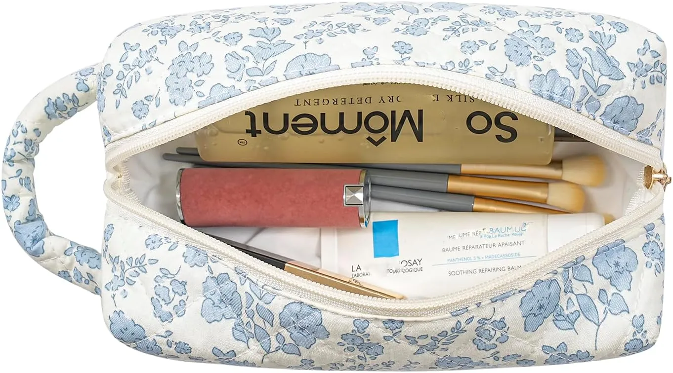 JOVAKIT Travel Makeup Bag Cosmetic Bag for Women, Christmas Gifts, Small Floral Flowers Coquette Toiletry Bag with Handle, Zipper Make Up Pouch Organizer Bag Trendy Stuff (Blue Floral)