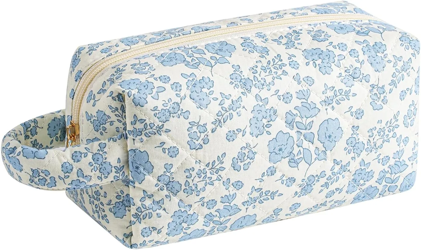 JOVAKIT Travel Makeup Bag Cosmetic Bag for Women, Christmas Gifts, Small Floral Flowers Coquette Toiletry Bag with Handle, Zipper Make Up Pouch Organizer Bag Trendy Stuff (Blue Floral)