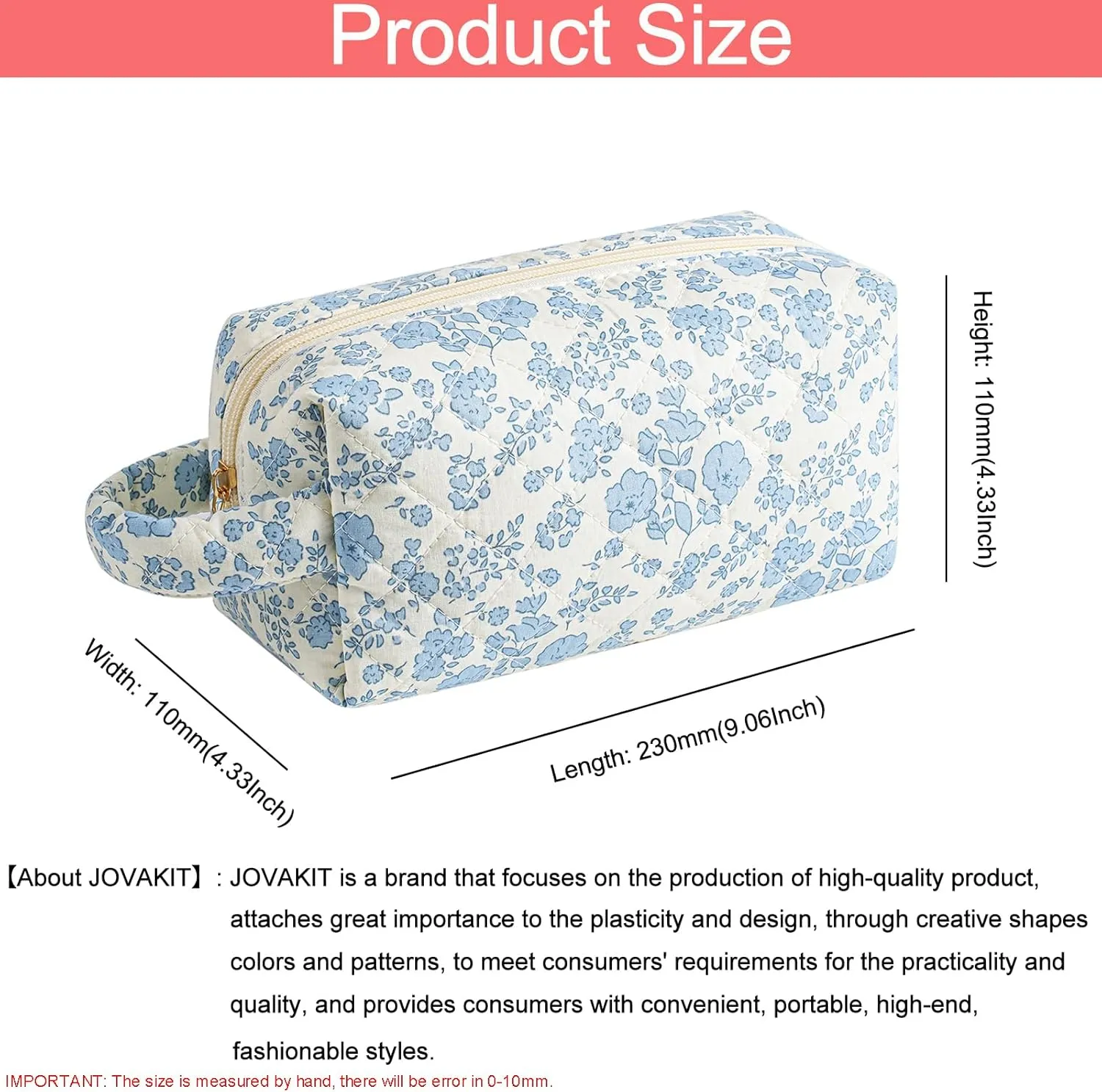 JOVAKIT Travel Makeup Bag Cosmetic Bag for Women, Christmas Gifts, Small Floral Flowers Coquette Toiletry Bag with Handle, Zipper Make Up Pouch Organizer Bag Trendy Stuff (Blue Floral)