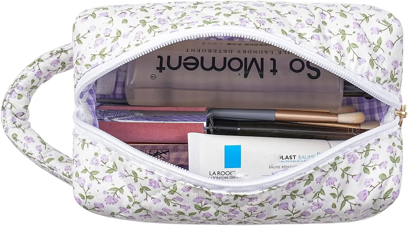 JOVAKIT Travel Makeup Bag Cosmetic Bag for Women, Christmas Gifts, Small Floral Flowers Coquette Toiletry Bag with Handle, Zipper Make Up Pouch Organizer Bag Trendy Stuff (Purple Floral)